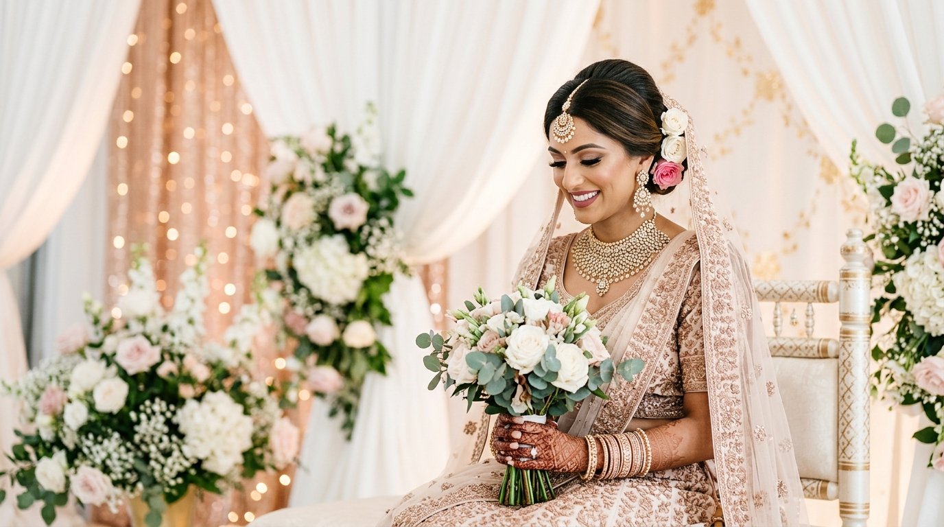 Beautiful Indian bride with premium luxury bridal makeup and gold jewellery