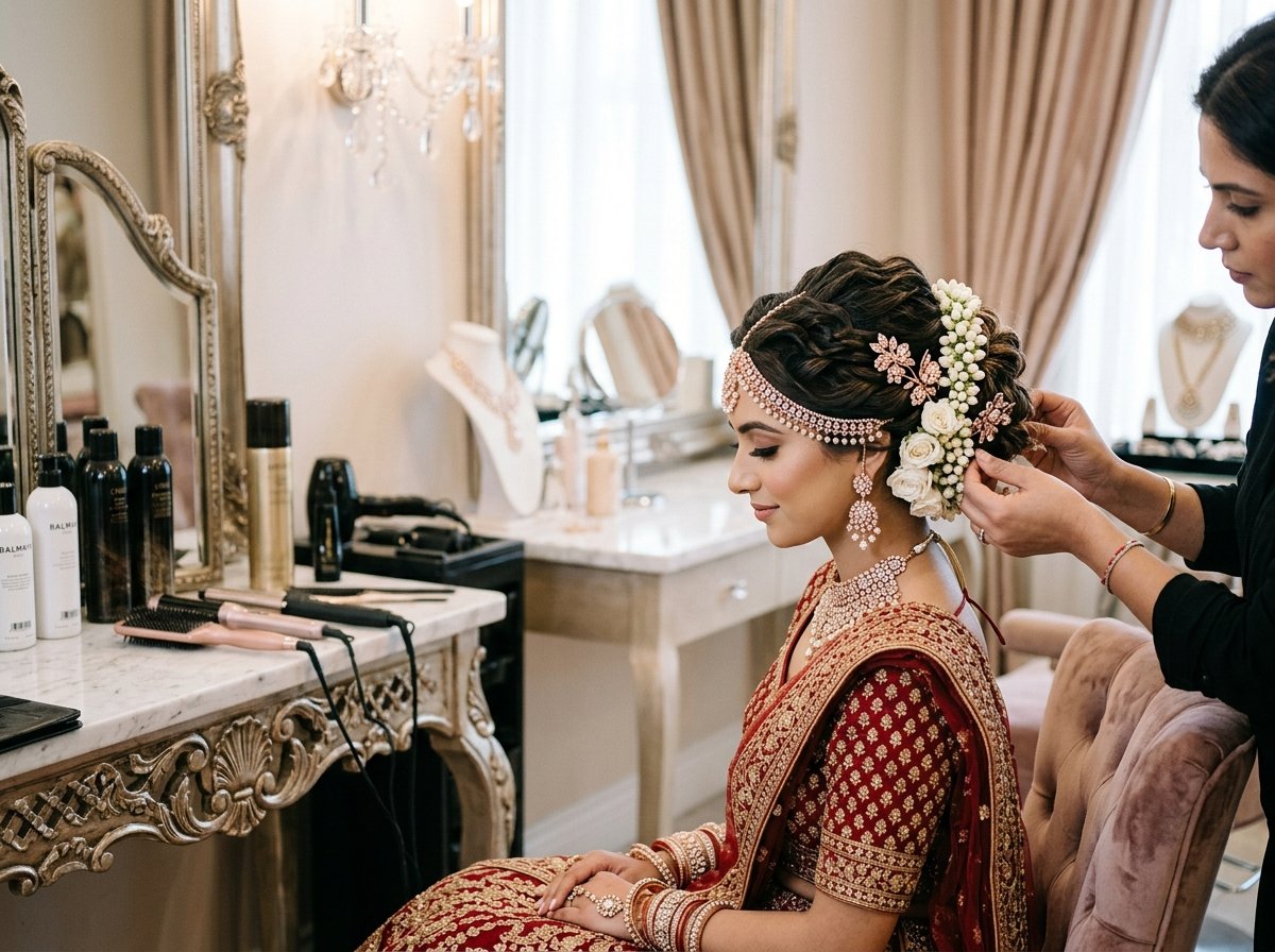 Intricate bridal updo styling with fresh flowers